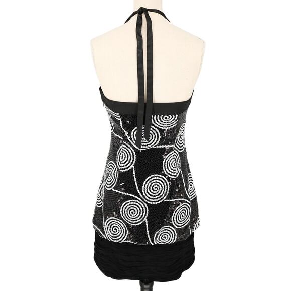 Cache Dress Womens 2 Black White Sequin Halter Fitted Short Ruched Hem Zip New - Picture 2 of 16